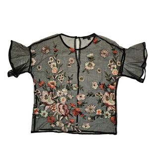 HAUTE MONDE  Womens Black Mesh Embroidered SM Top Whimsygoth Fairygrunge Boho